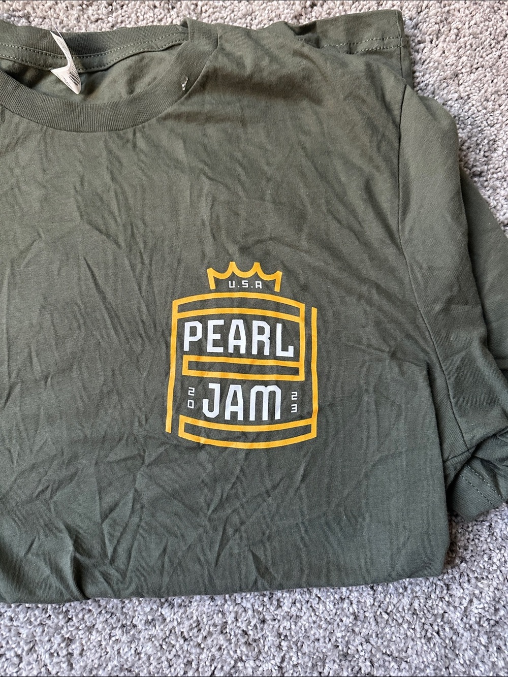 Pearl Jam Olive Green Short Sleeve T-Shirt with Yellow Logo
